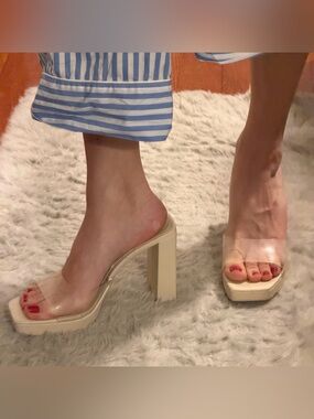 Zara Clear strap Block Heel Mule Cream